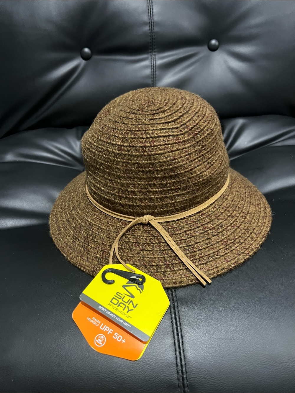 Women’s Brown UPF 50+ Bucket Hat with Slim Tan Band wool like material
